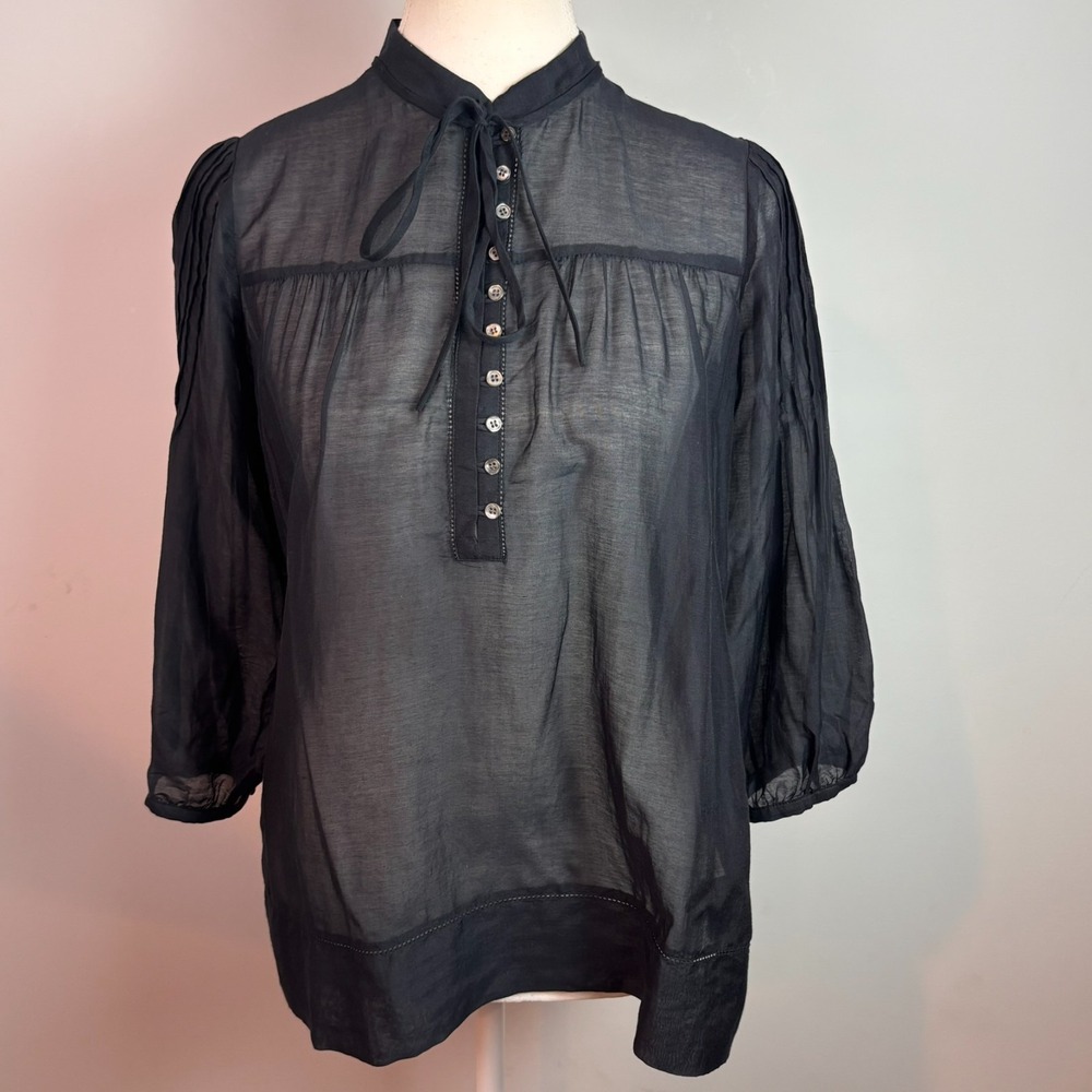 Theory Womens Black Semi-sheer Harimy Blouse sz P/XS cotton silk blend classic